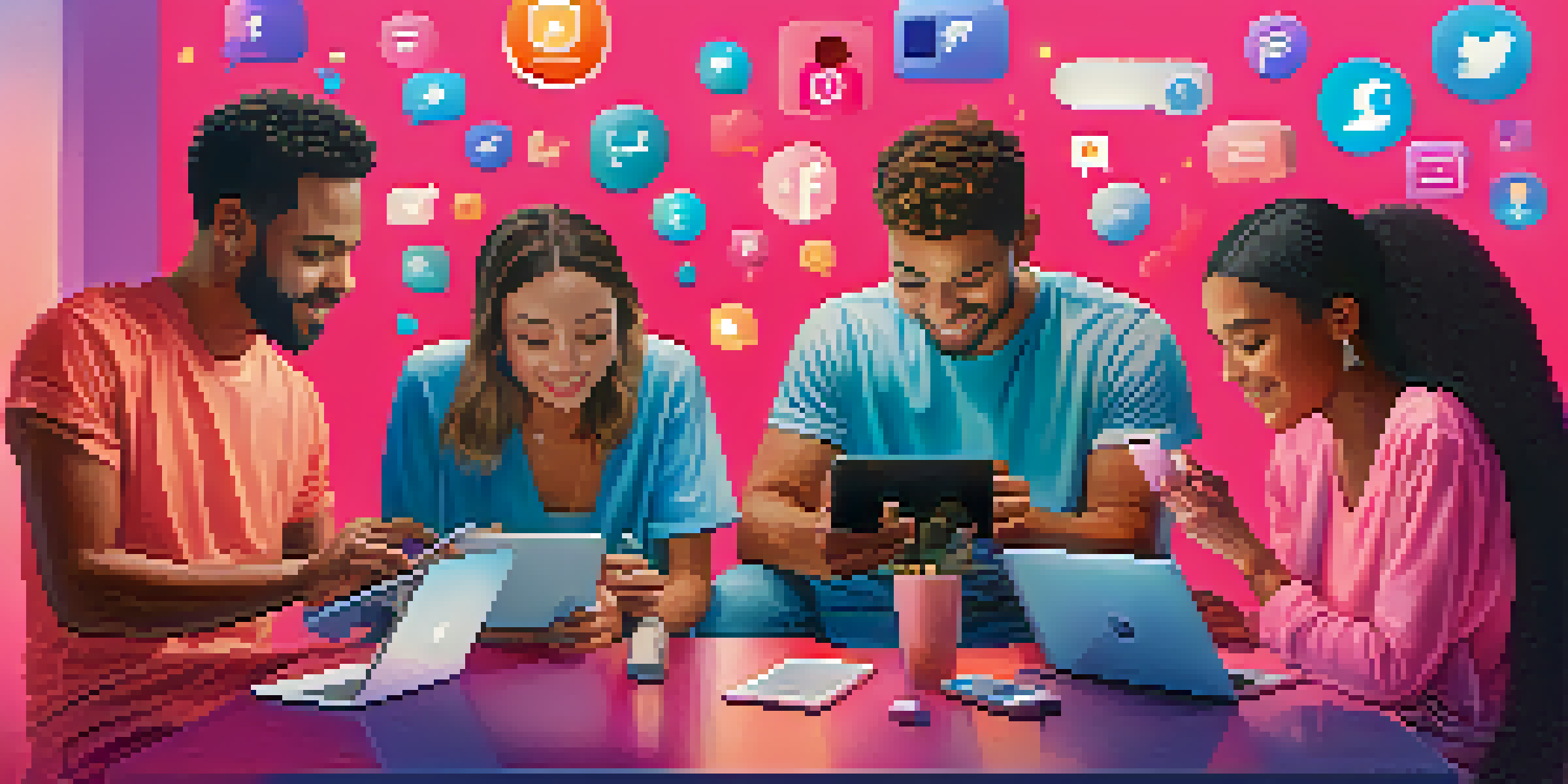 A diverse group of people interacting with their devices in a colorful digital environment, representing various social media platforms.