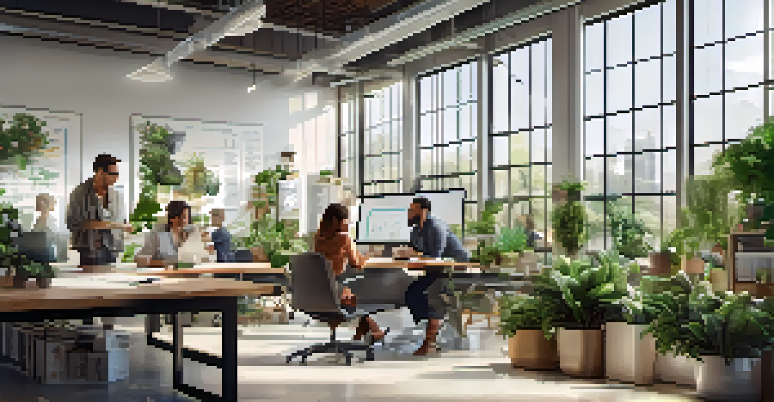 A diverse team of employees working together in a bright office, with plants and charts promoting ethical practices visible.