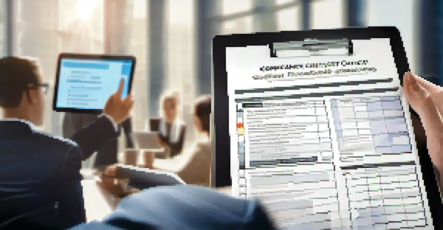 Close-up view of a business professional's hands holding a tablet displaying a compliance checklist in an office environment.