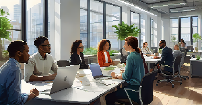 A diverse team of professionals collaborating in a modern office, with various races and ages represented, engaged in discussion around a conference table.