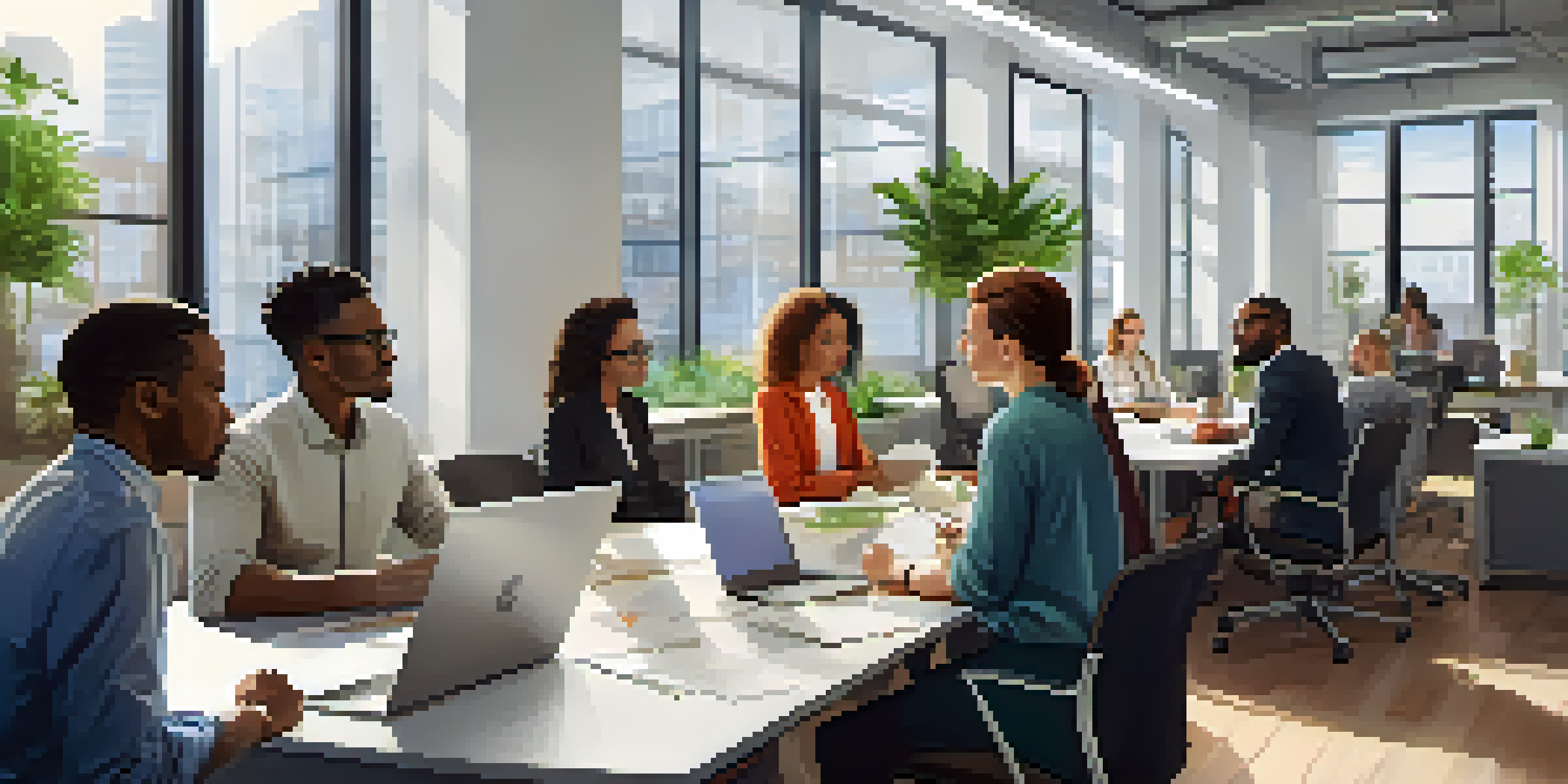 A diverse team of professionals collaborating in a modern office, with various races and ages represented, engaged in discussion around a conference table.