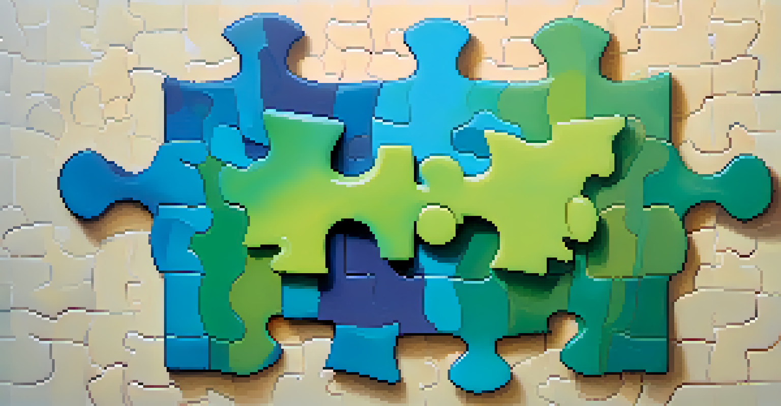 Two colorful puzzle pieces fitting together against a soft blue and green gradient background, symbolizing partnership.