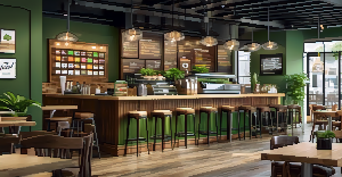 A cozy coffee shop with wooden furniture, colorful menu boards, and plants, featuring a prominent brand logo in soft ambient lighting.