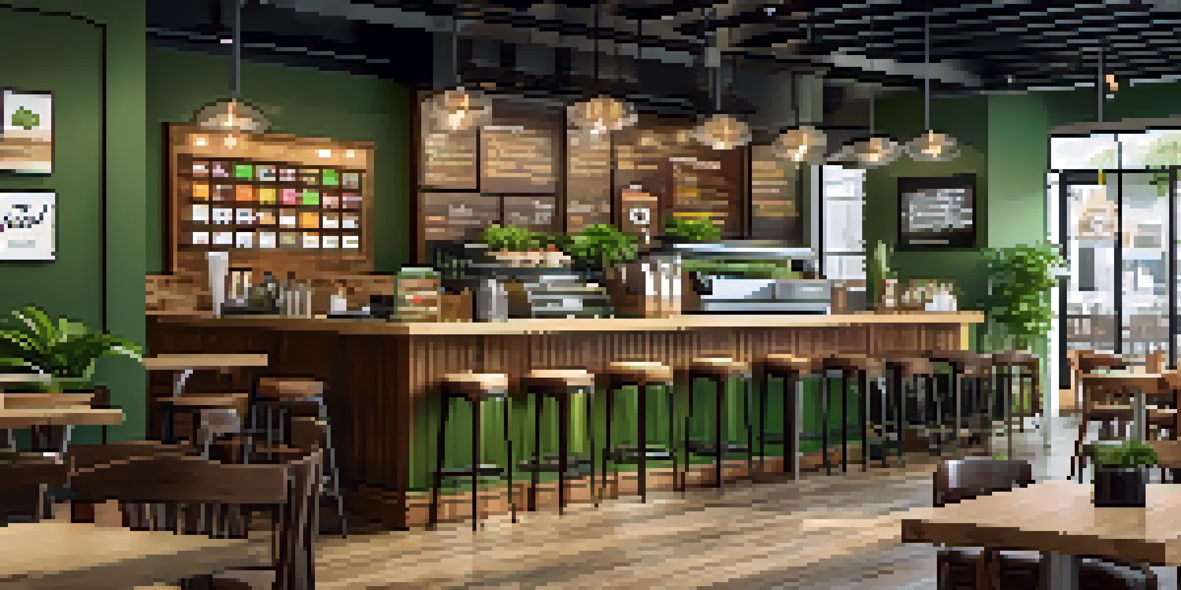 A cozy coffee shop with wooden furniture, colorful menu boards, and plants, featuring a prominent brand logo in soft ambient lighting.
