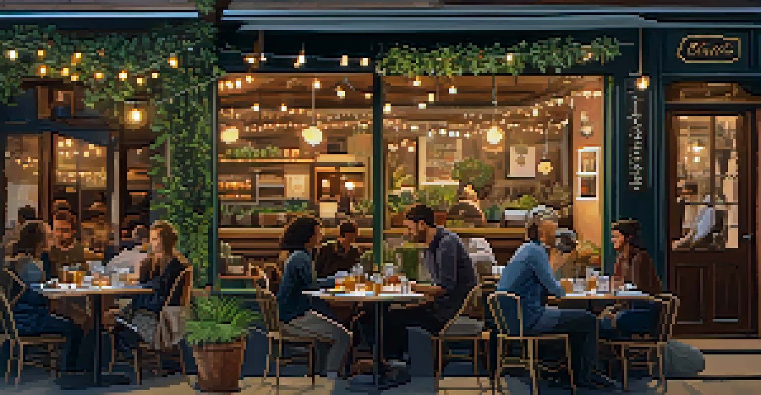 People relaxing at an outdoor café with Fair Trade coffee and pastries on a table, surrounded by plants and warm lighting.