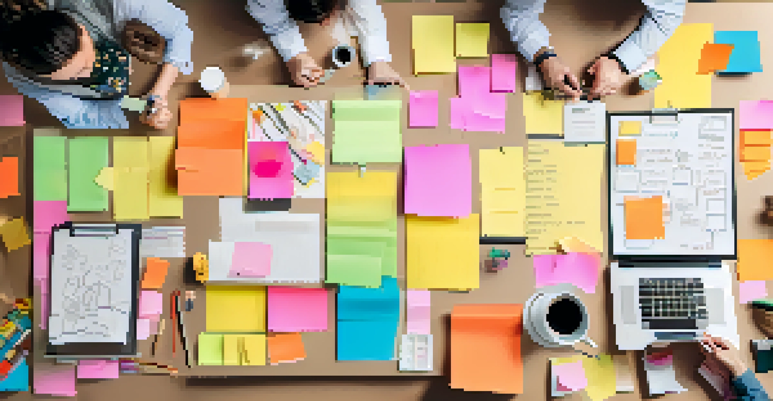An overhead view of a creative workspace with colorful sticky notes and a Business Model Canvas on the wall, showcasing an atmosphere of innovation.