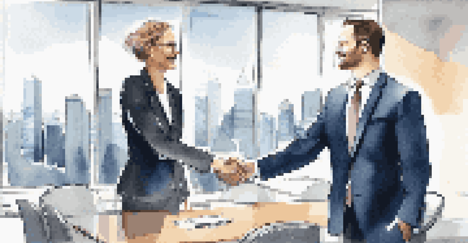 Two business professionals shaking hands in a modern conference room after a successful negotiation.
