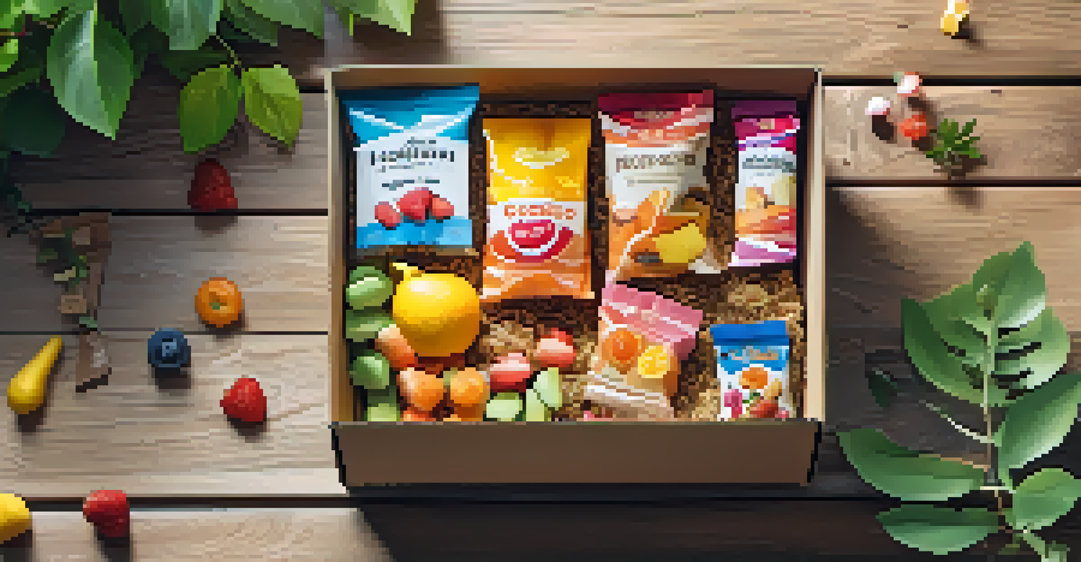 An overhead view of a colorful subscription snack box filled with various snacks and fruits on a rustic wooden table with greenery around.