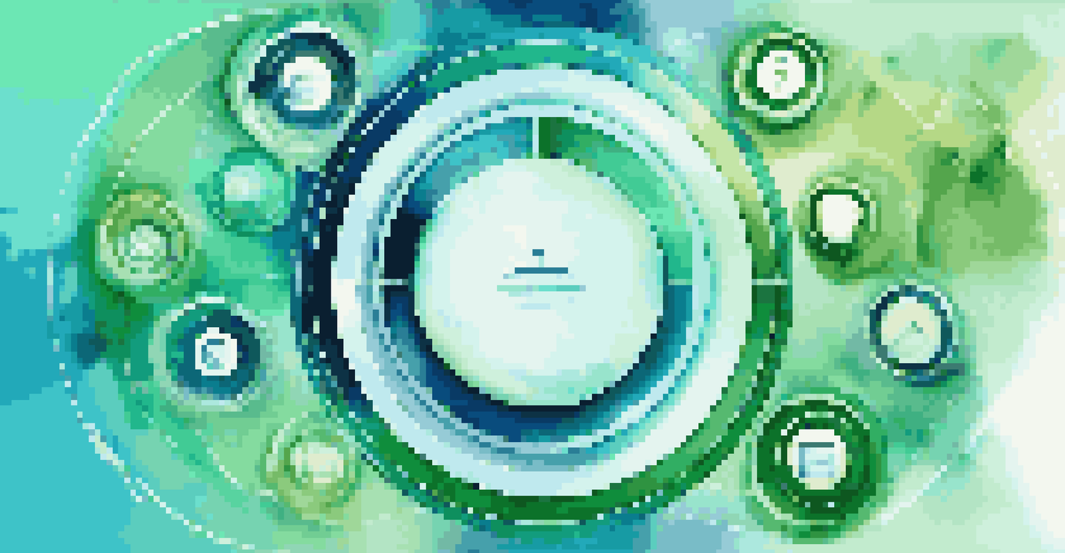 A circular arrangement of mobile devices, each showing different shopping apps, against a gradient blue and green background.