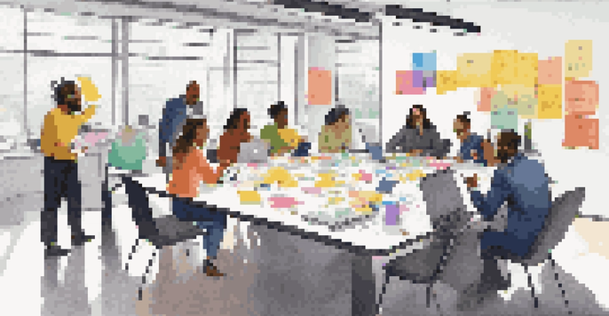 A diverse group of professionals collaborating at a table, sharing ideas and engaging in discussions.