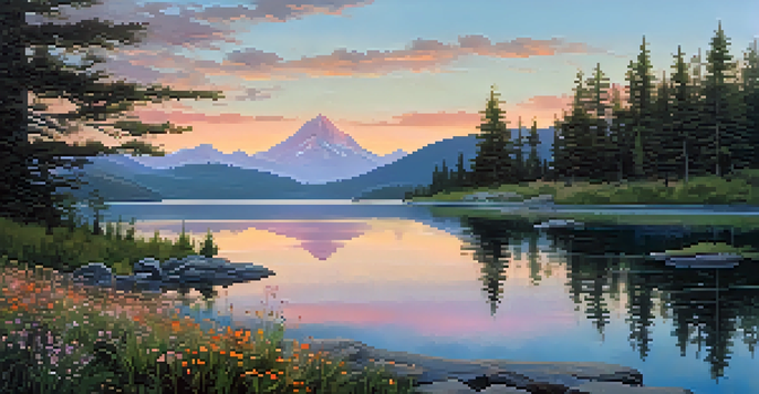 A tranquil scene of a mountain landscape with a lake reflecting the sunrise colors, and wildflowers along the shore.