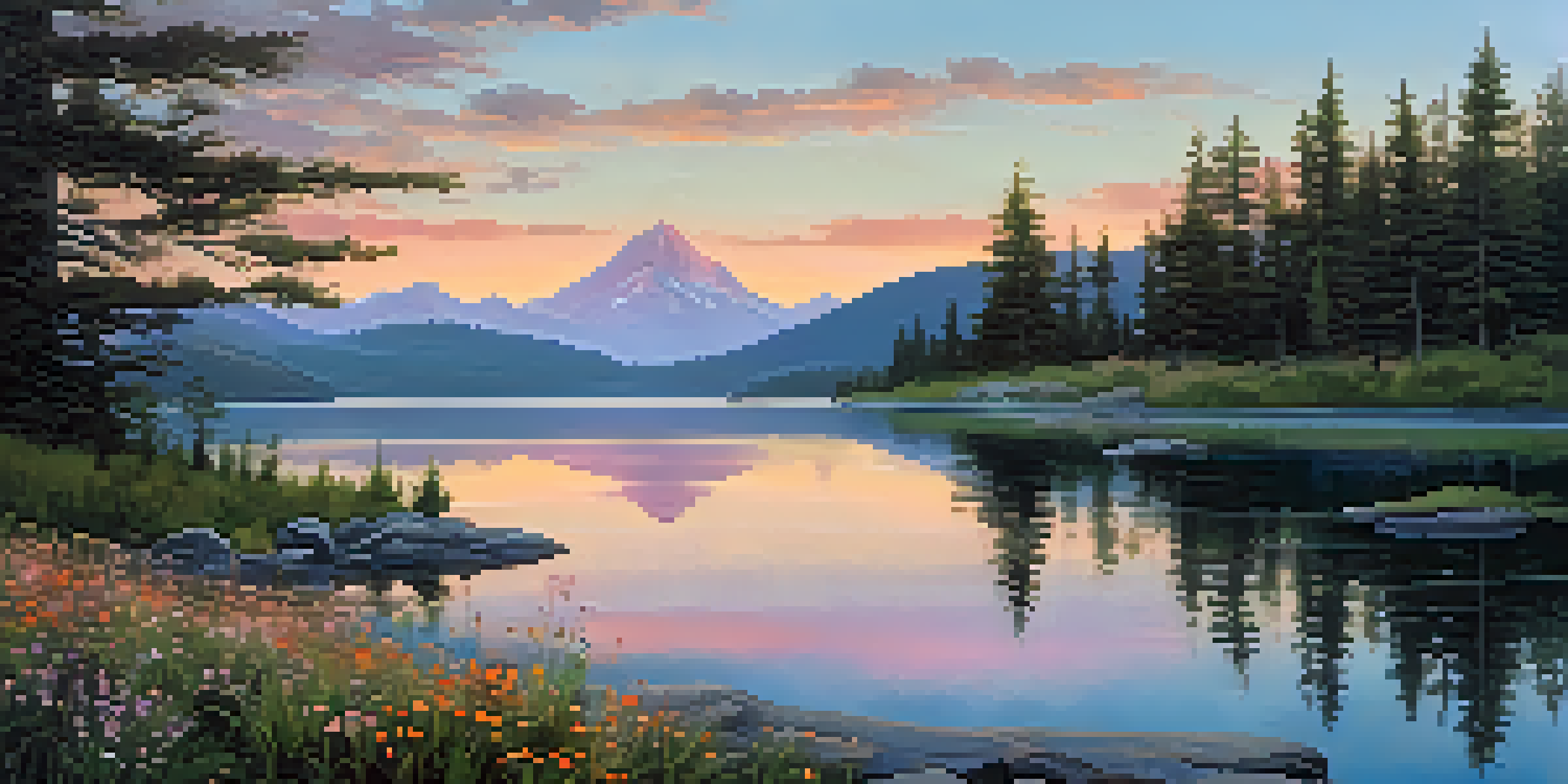 A tranquil scene of a mountain landscape with a lake reflecting the sunrise colors, and wildflowers along the shore.