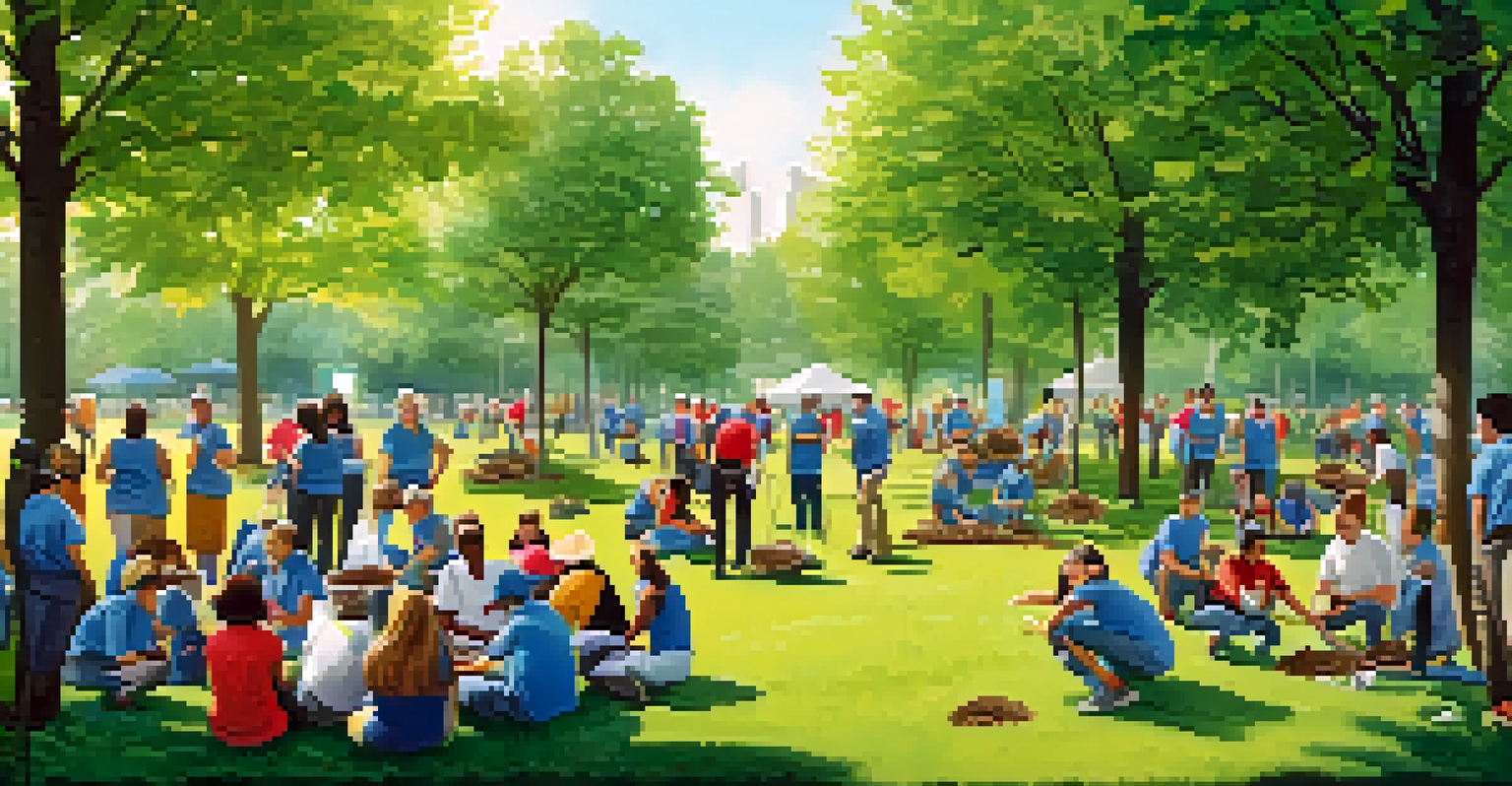 Volunteers from a company planting trees in a park, with a diverse group of people working together in a green space, illustrating community engagement.