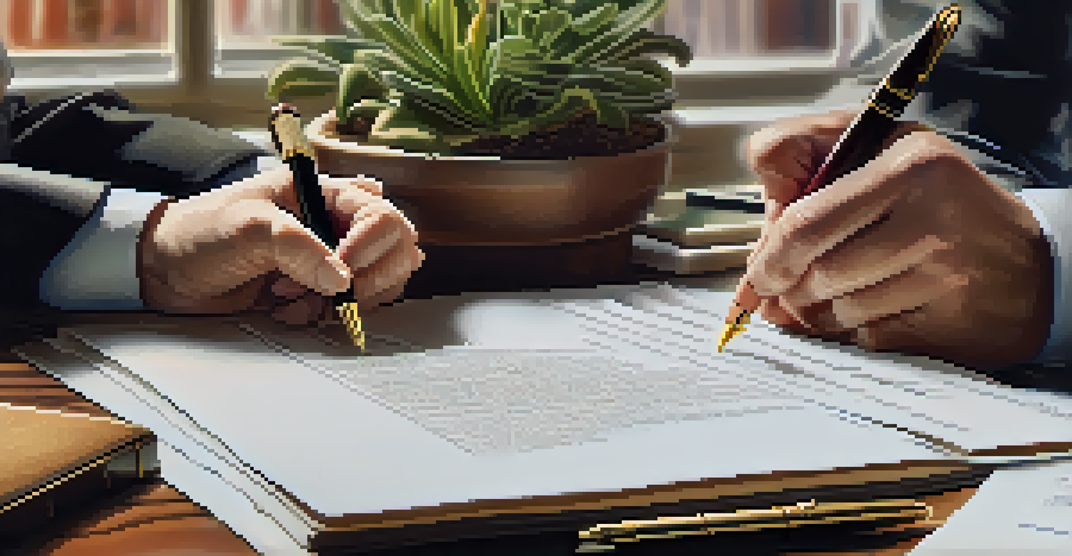 A close-up view of a hand signing a legal document with a fountain pen, surrounded by contracts and a laptop.