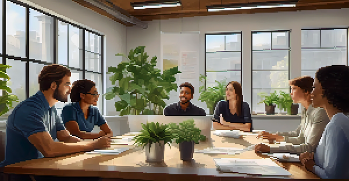 A diverse group of employees having a collaborative discussion in a bright office with natural light and plants.