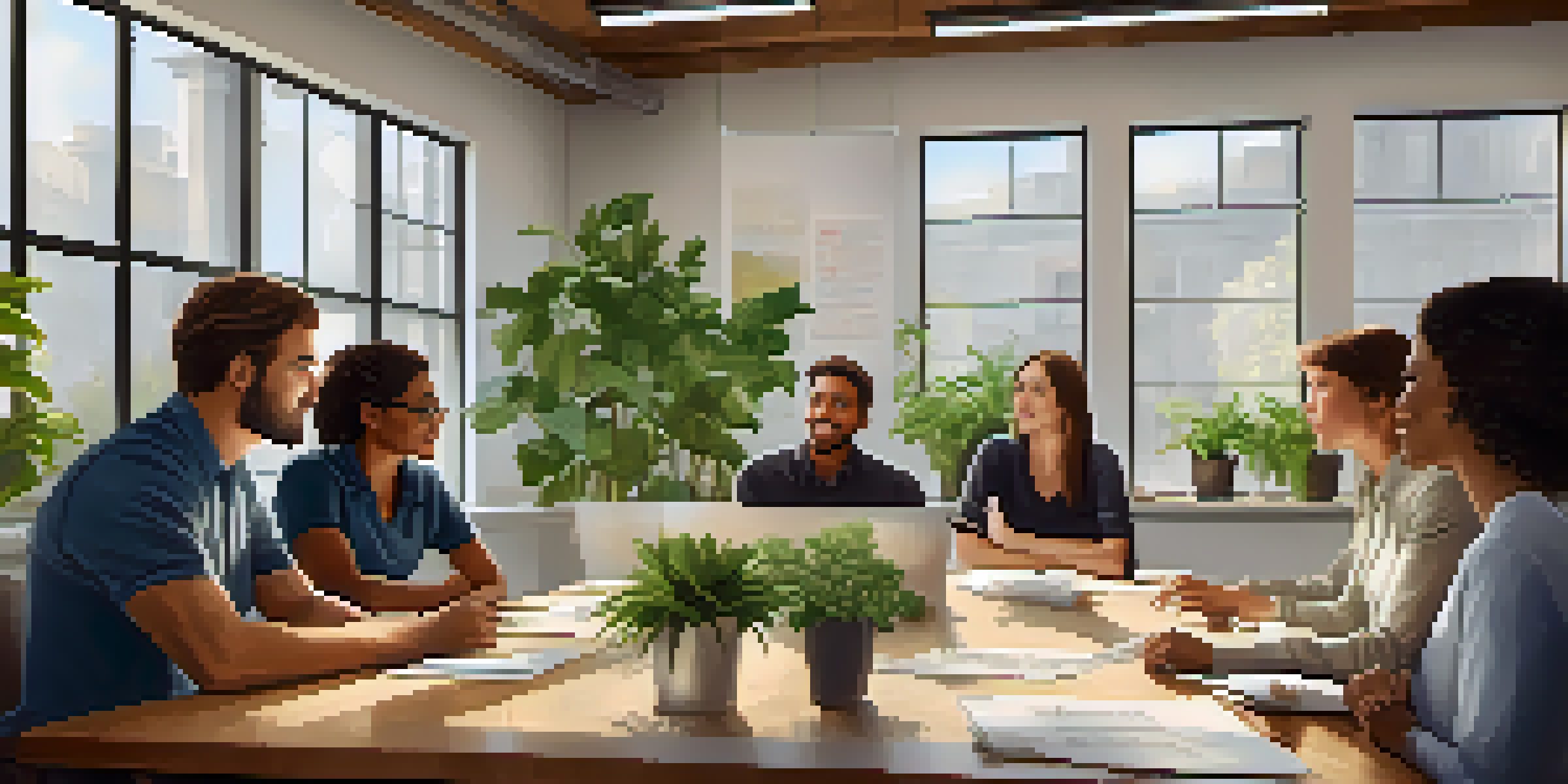 A diverse group of employees having a collaborative discussion in a bright office with natural light and plants.