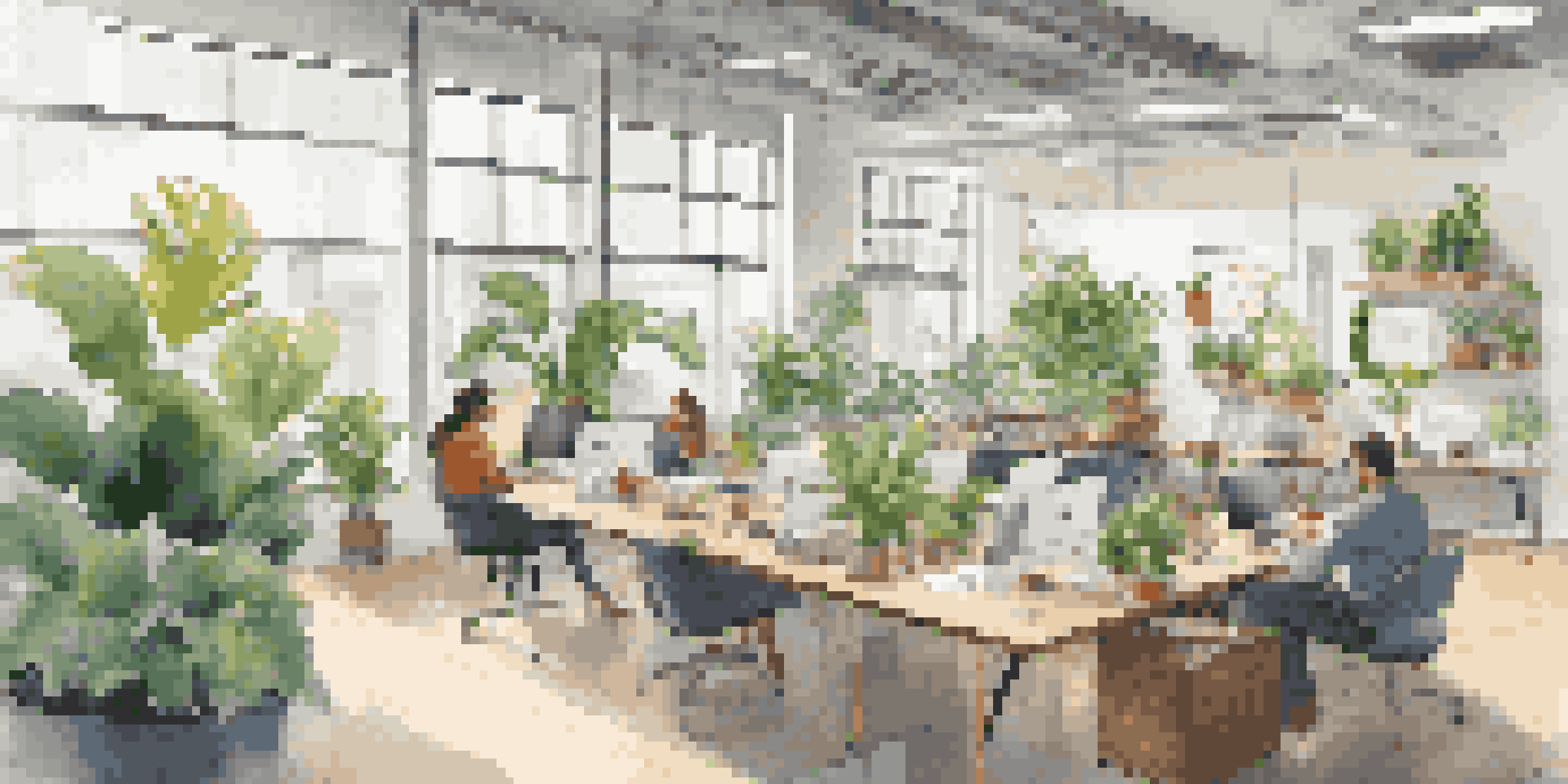 A modern office space featuring plants and natural light, with employees collaborating and using technology.