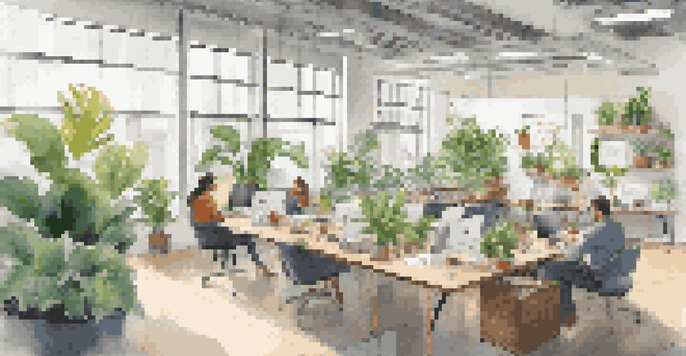 A modern office space featuring plants and natural light, with employees collaborating and using technology.