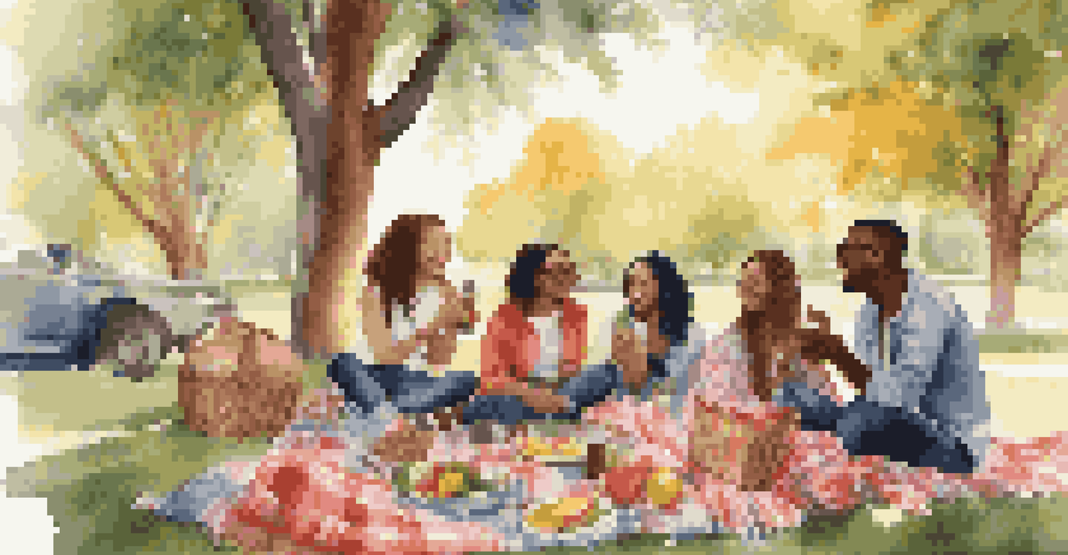 A diverse group of young adults enjoying a picnic outdoors, taking photos for social media in a sunny, cheerful setting.