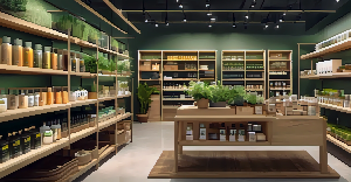 A modern retail store interior with eco-friendly products displayed on wooden shelves, warm lighting, and customers browsing.