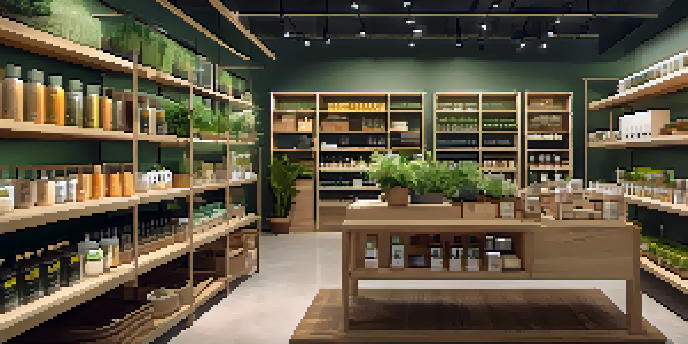 A modern retail store interior with eco-friendly products displayed on wooden shelves, warm lighting, and customers browsing.