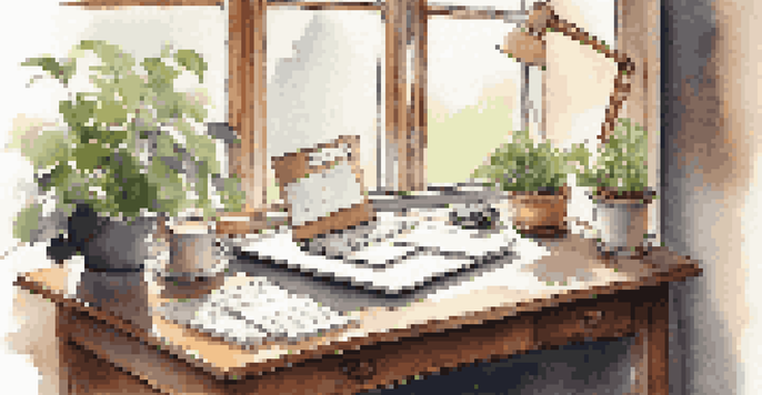 A cozy office workspace with a laptop, notebook, coffee cup, and a potted plant in soft morning light.