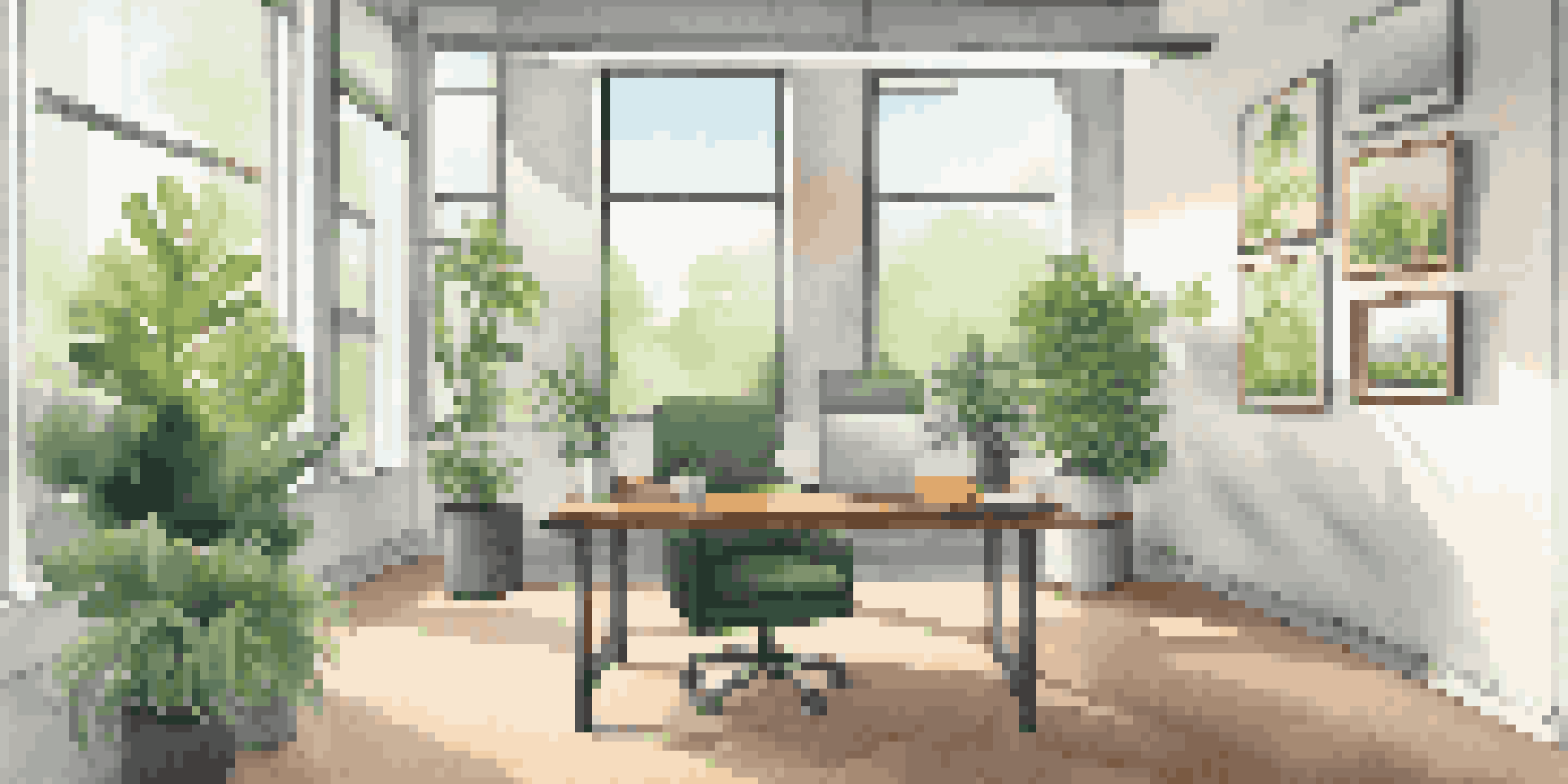 A bright modern office with a desk and a laptop displaying customer testimonials, surrounded by plants and a framed photo.
