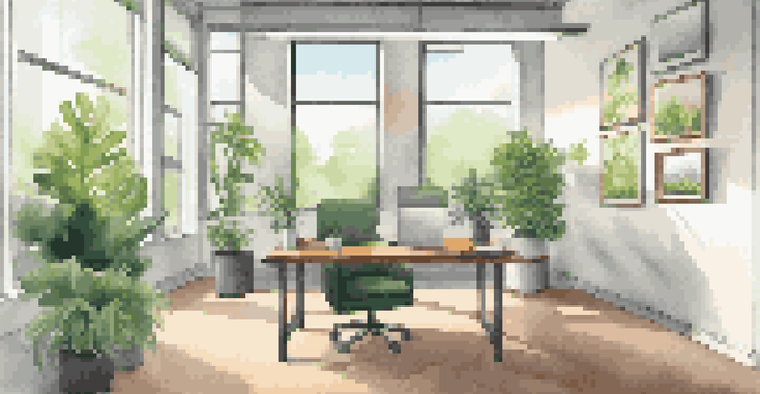 A bright modern office with a desk and a laptop displaying customer testimonials, surrounded by plants and a framed photo.