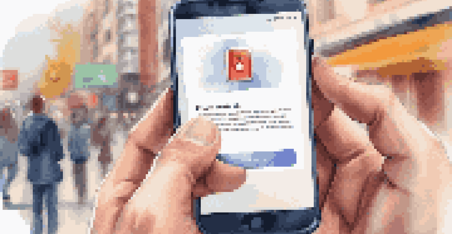 A close-up of a hand holding a smartphone showing a privacy policy, with people interacting with technology in the background.