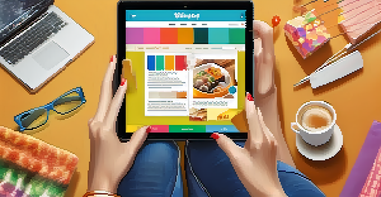 A person using a tablet for online shopping, surrounded by shopping bags and a coffee cup.