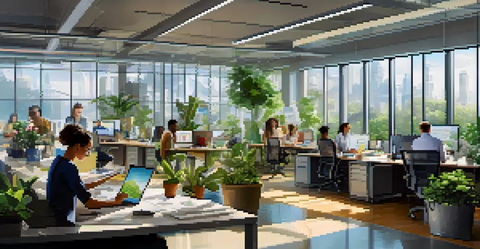 A modern office with diverse employees collaborating at desks, bright natural light, plants, and artwork.