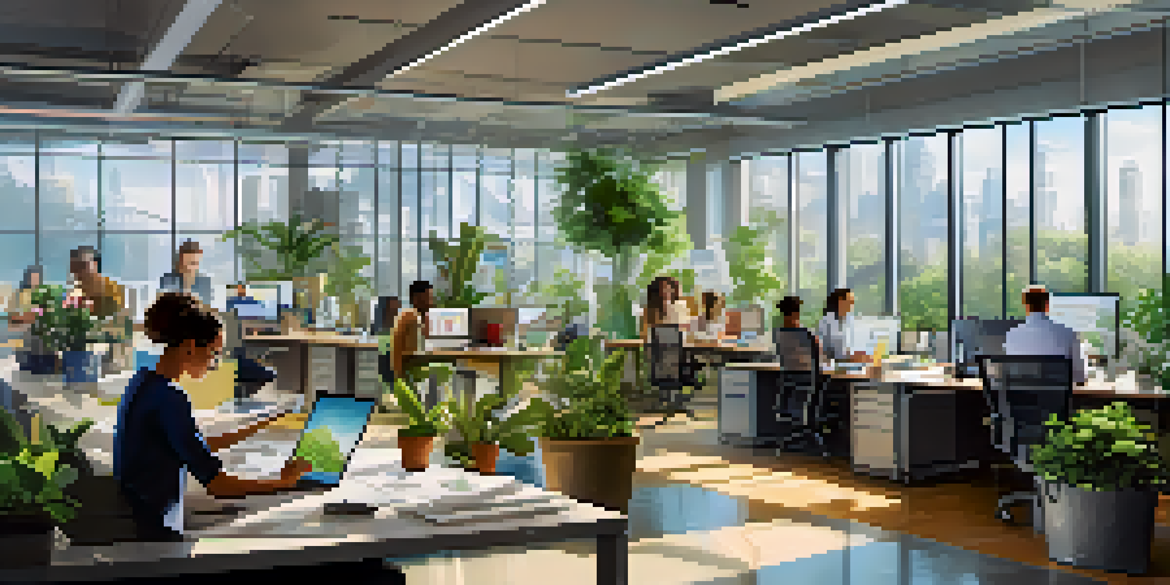 A modern office with diverse employees collaborating at desks, bright natural light, plants, and artwork.