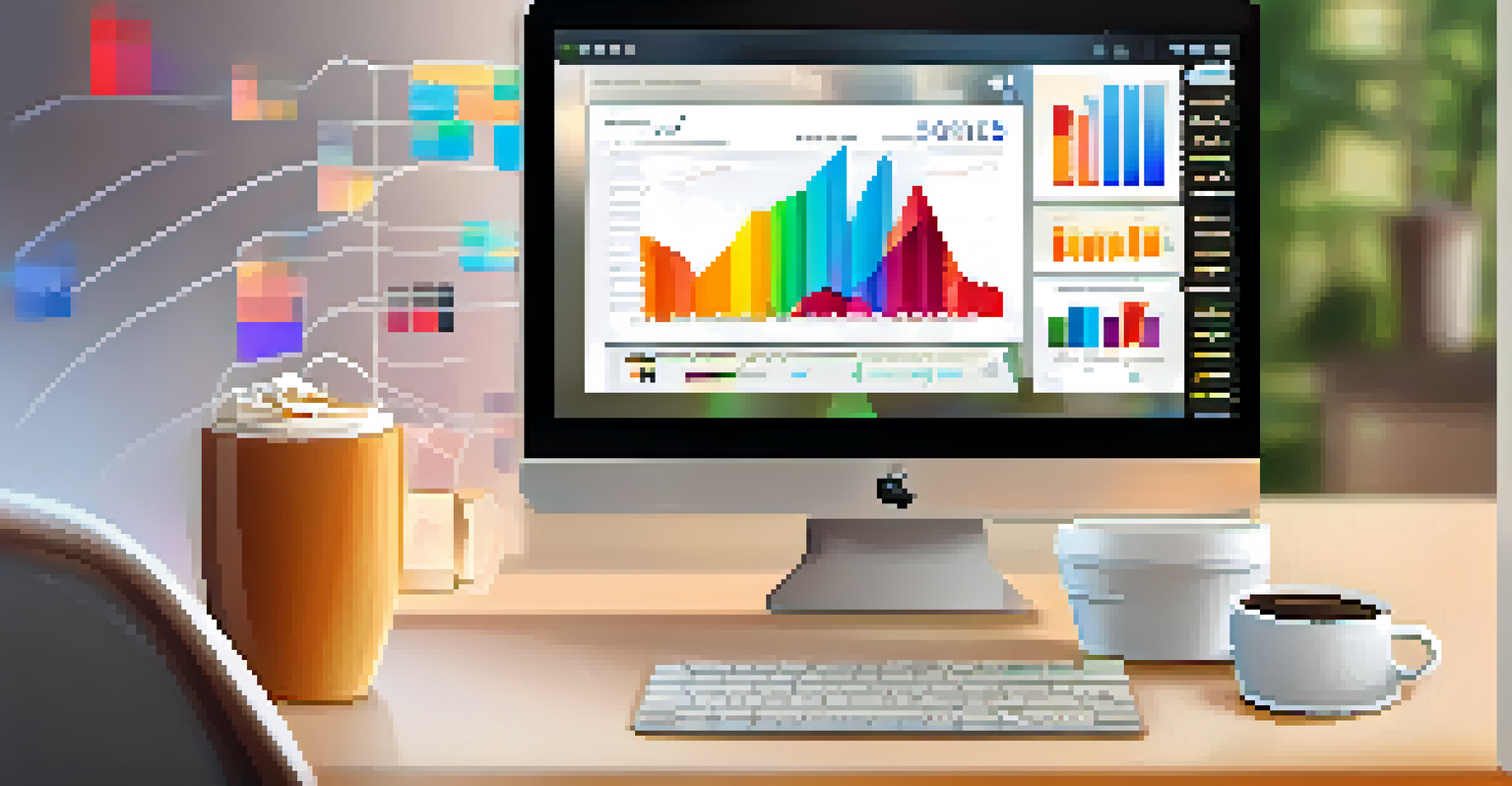 A close-up of a computer screen showing graphs and analytics in a cozy workspace.
