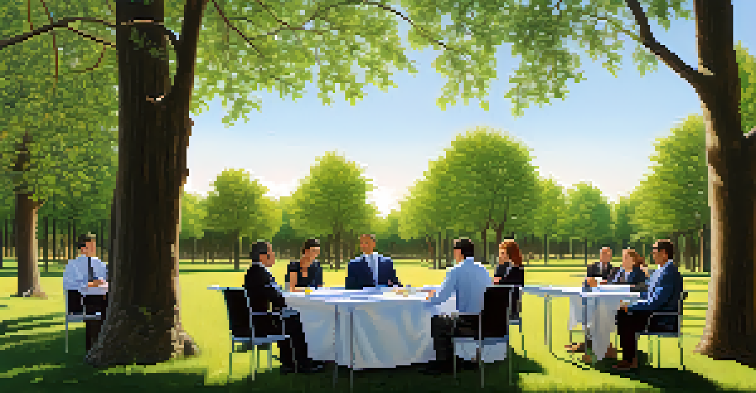 A team of professionals sitting around a table outside in a natural setting, engaged in a business continuity planning discussion.