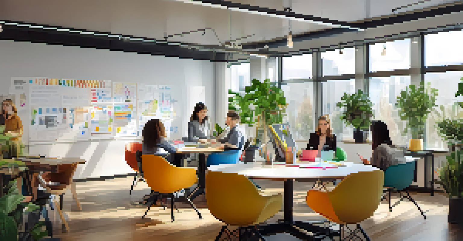 A cozy workspace with employees collaborating around a round table, filled with creative materials and natural light.
