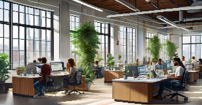 A bright and modern office with employees working flexibly at desks and a communal table, surrounded by plants and natural light.