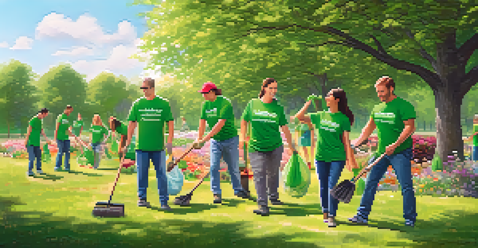 Employees engaged in a community clean-up event in a park, showcasing teamwork and commitment to sustainability.
