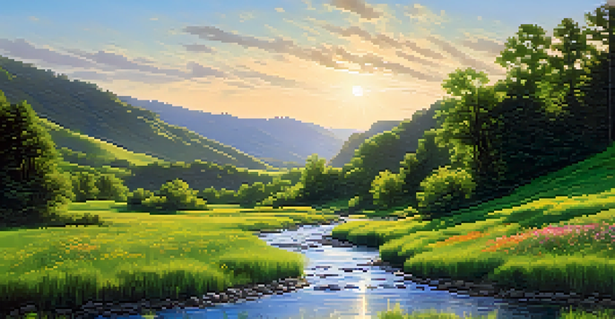 A peaceful river in a green valley with colorful wildflowers and a bright blue sky.