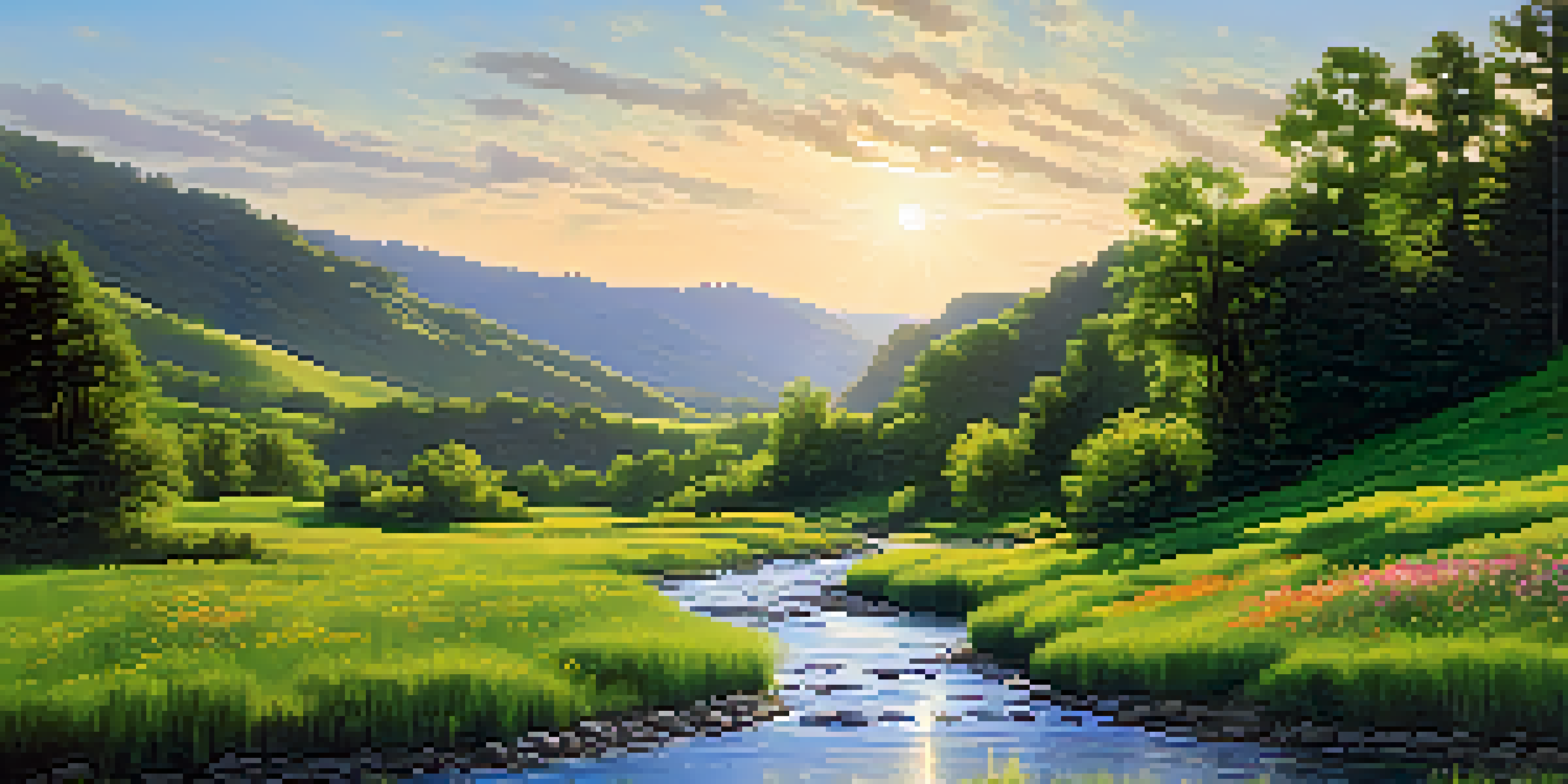 A peaceful river in a green valley with colorful wildflowers and a bright blue sky.