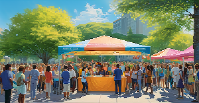 A diverse group of people interacting around a colorful crowdfunding booth in a sunny park.
