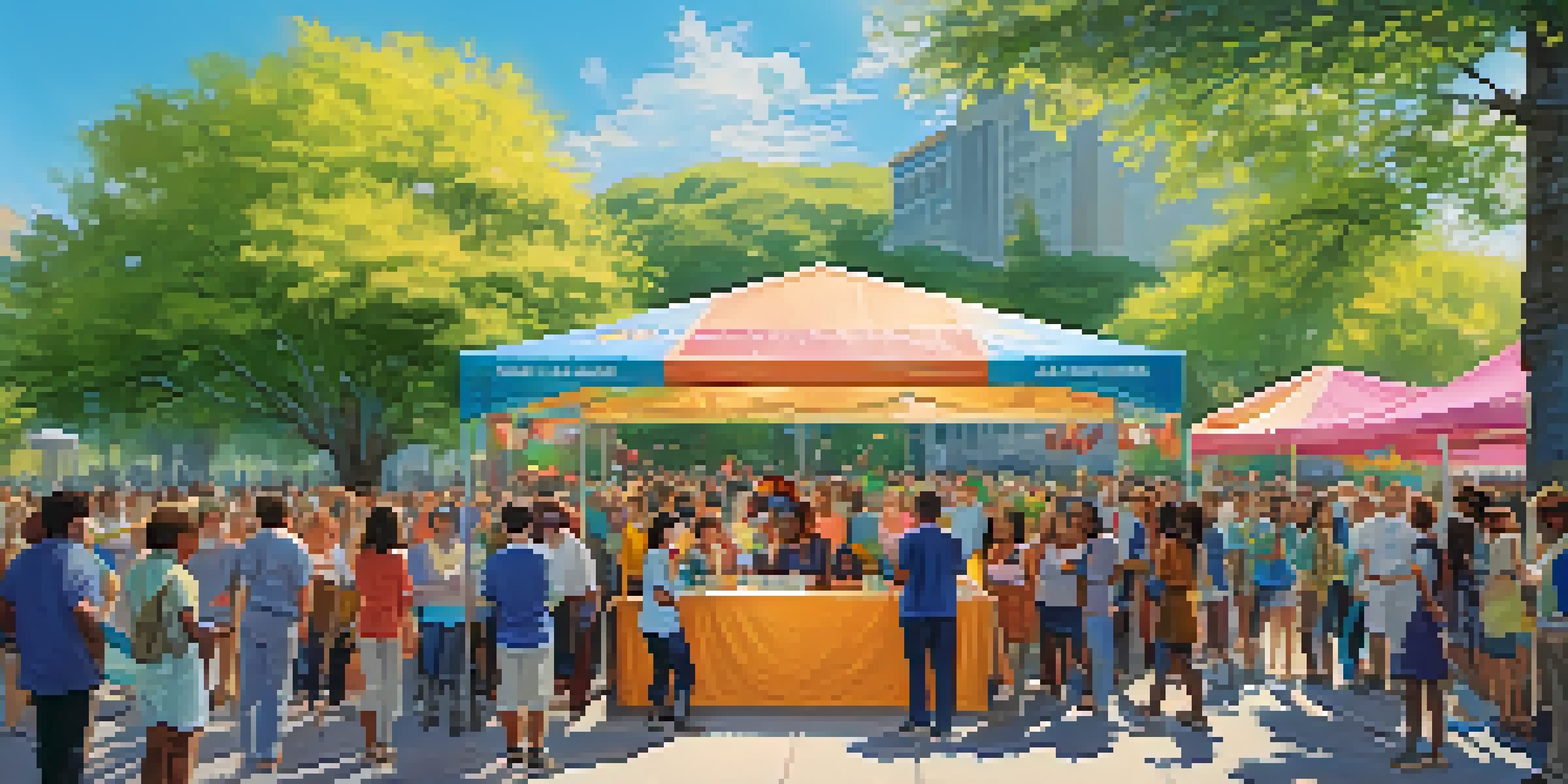A diverse group of people interacting around a colorful crowdfunding booth in a sunny park.