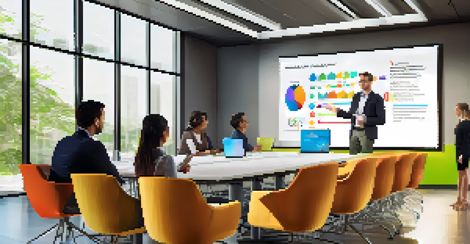 A team member presenting an idea in a modern conference room, with colleagues engaged and taking notes.