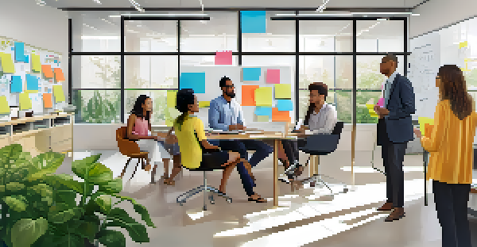 A diverse group of professionals collaborating in a bright, modern office filled with plants and colorful notes on a whiteboard.