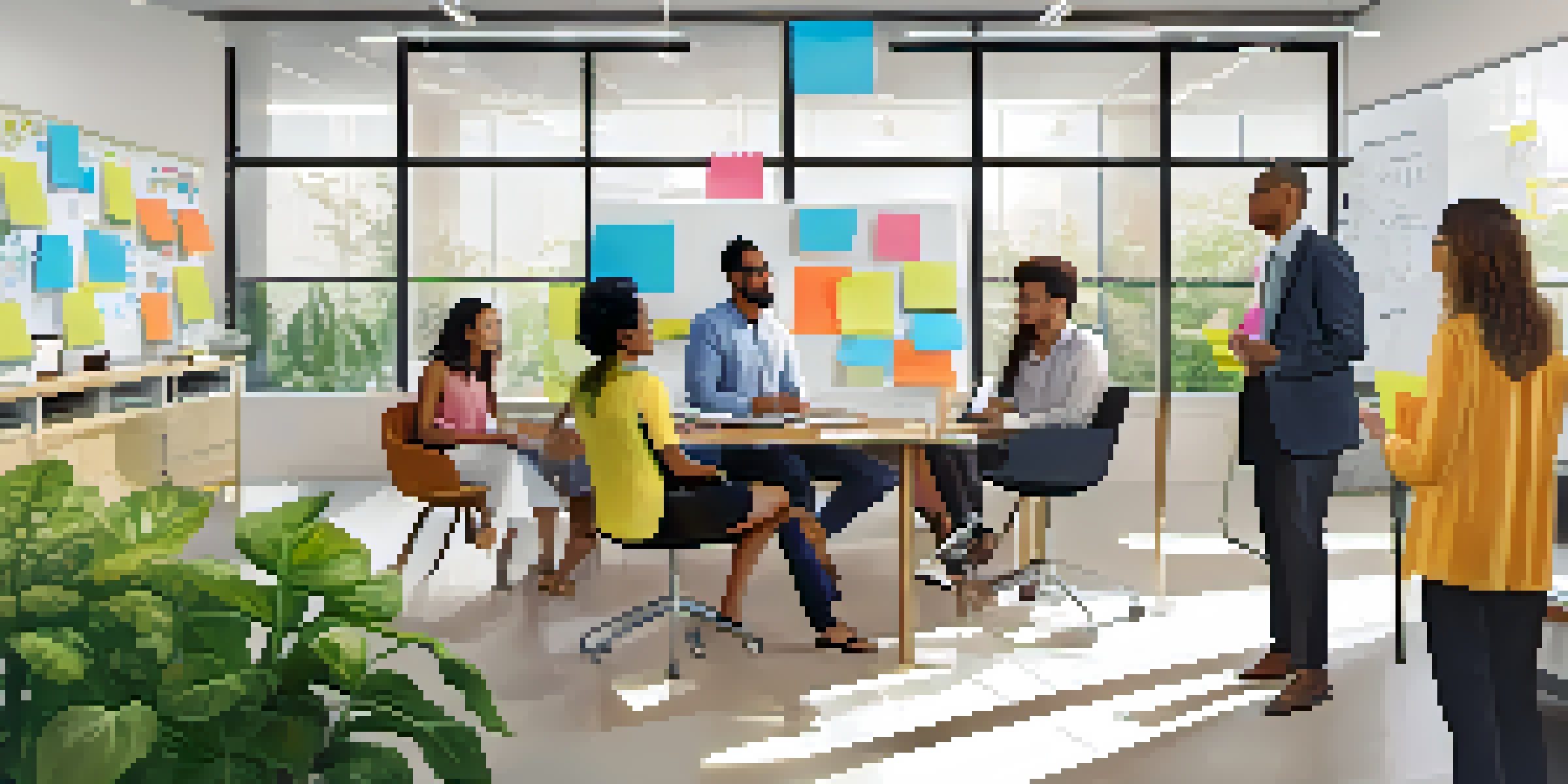 A diverse group of professionals collaborating in a bright, modern office filled with plants and colorful notes on a whiteboard.