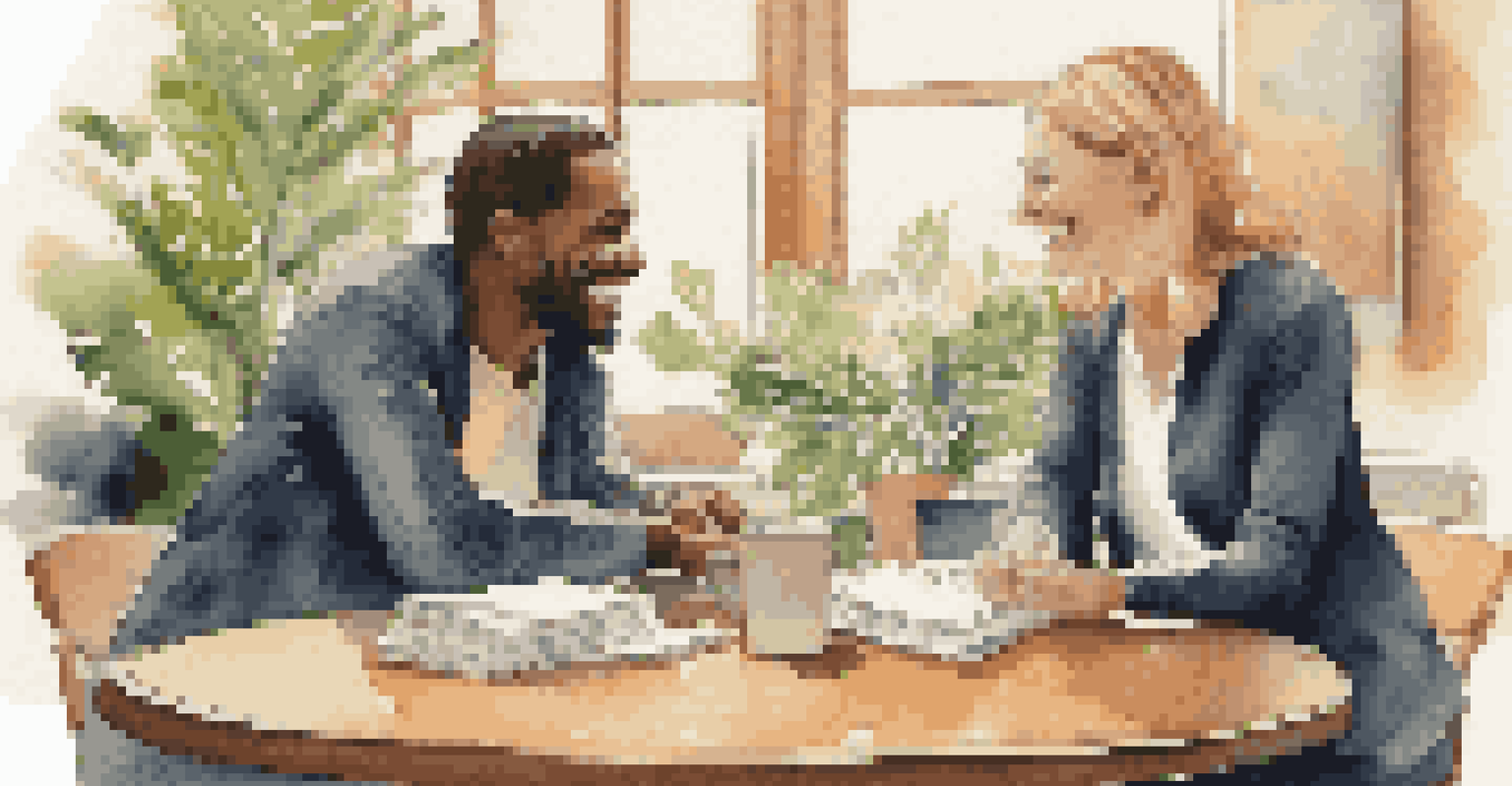 Two people negotiating amicably with smiles, coffee cups, and notepads on a round table.