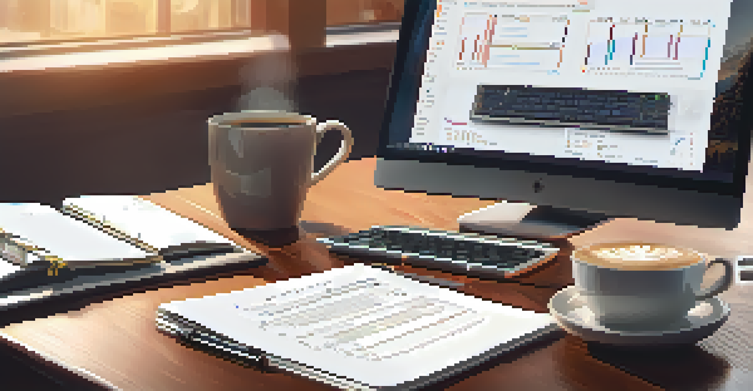 A cozy workspace with an open laptop displaying a marketing analysis, accompanied by a cup of coffee and a notepad, creating a productive atmosphere.
