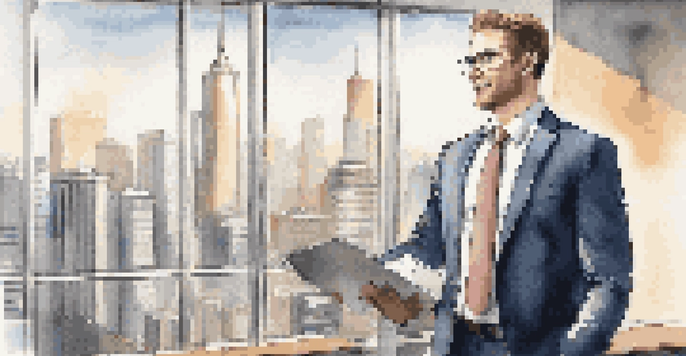 A confident business professional giving an elevator pitch in a modern office with a city skyline background.