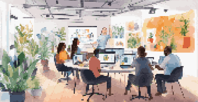 A diverse group of entrepreneurs in a bright, modern workspace engaging in a virtual workshop with a large screen showing participants and colorful charts.