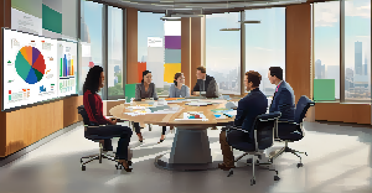 A diverse team discussing investment strategies in a bright office, surrounded by charts and graphs on a round table.