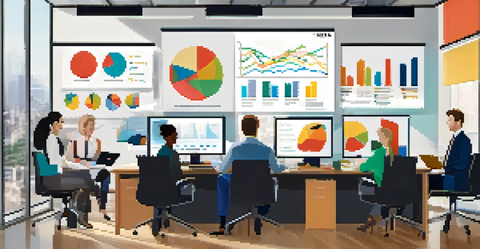A diverse group of professionals in a bright office discussing market research, with a whiteboard filled with charts and a laptop displaying data.